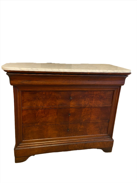 Commode - Louis Philippe Burl Walnut Commode with White Marble Top