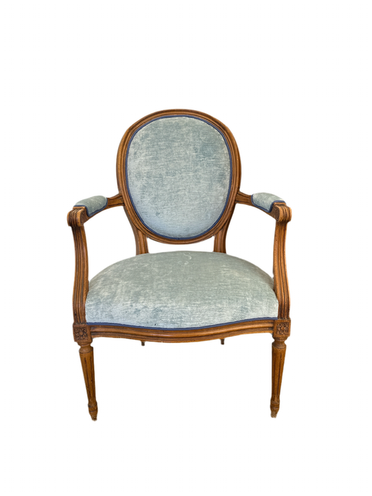 Arm Chairs - Pair Vintage with New Blue Linen Velvet