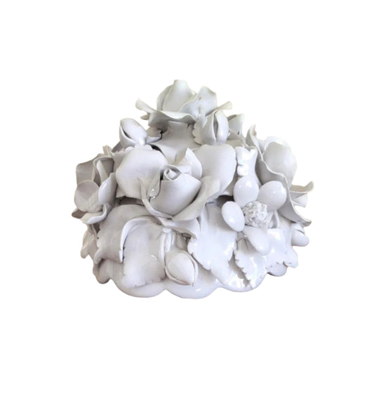 White Glazed Majolica Sculpture of Roses and Peonies Display, Italy, 1970’s