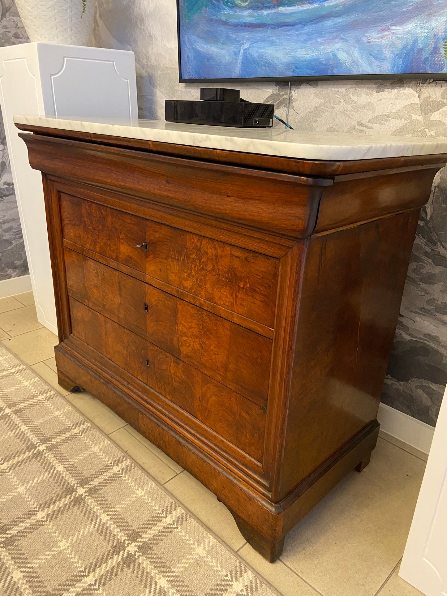 Commode - Antique Louis Walnut Burl 47”W x 21.75”D x 39”H