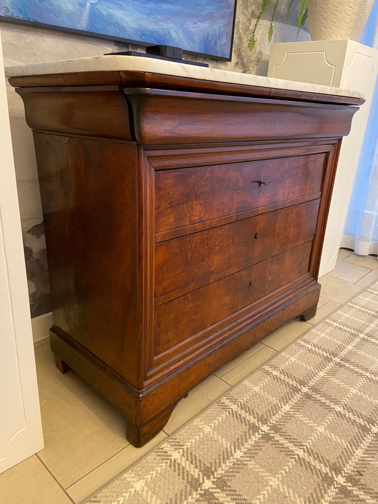 Commode - Antique Louis Walnut Burl 47”W x 21.75”D x 39”H