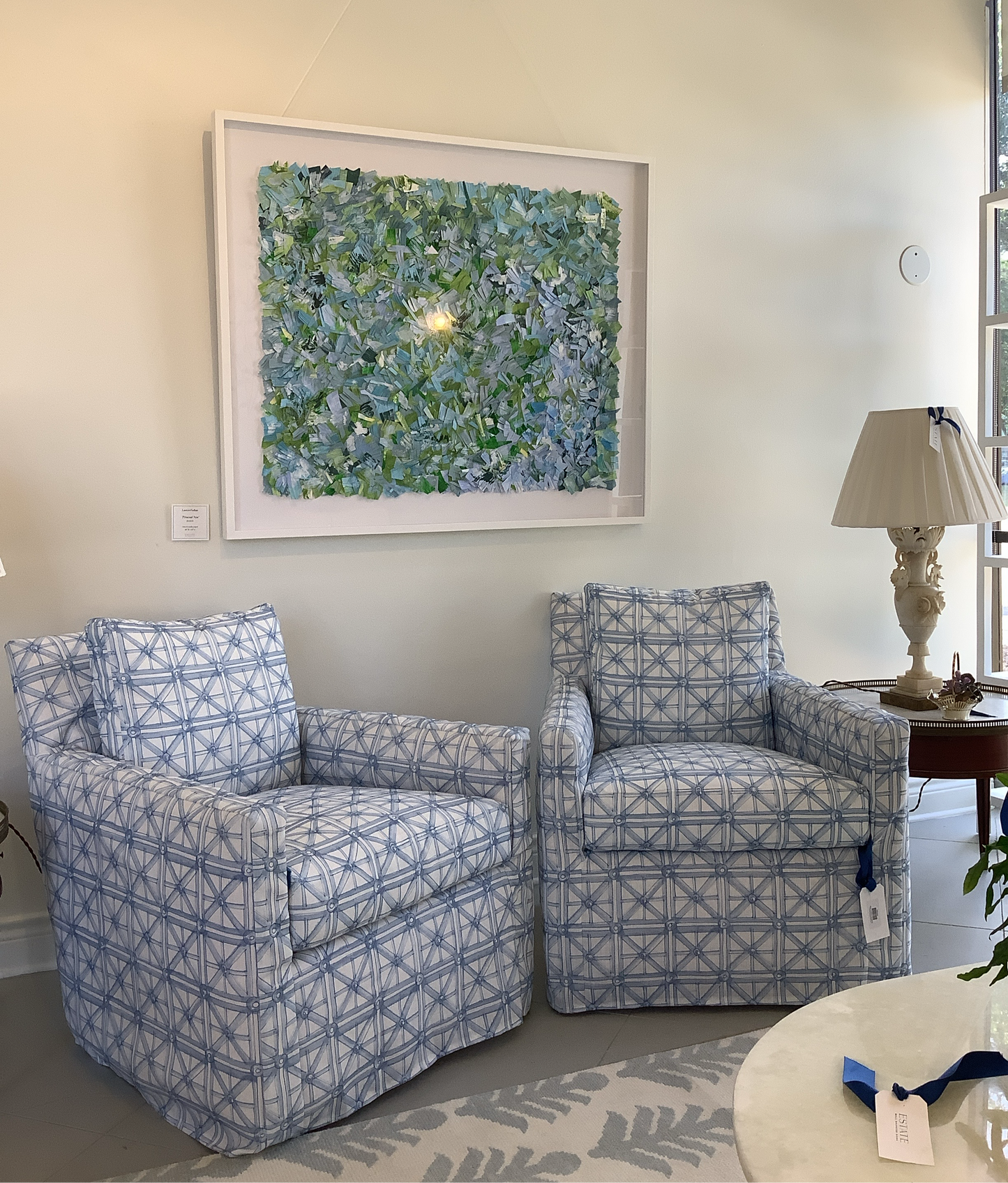 Arm Chair - Blue Trellis Slipcovered Swivel Lounge in Performance Fabric