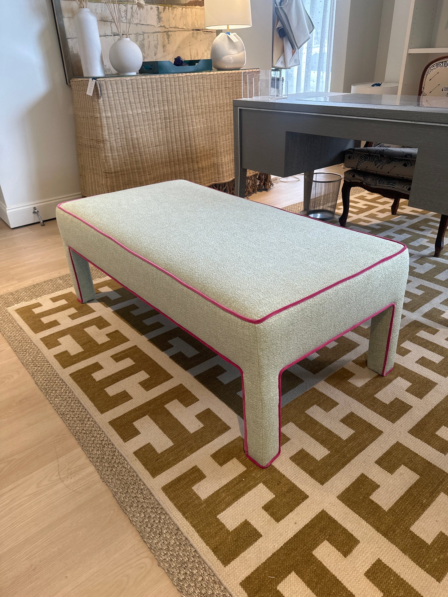 Ottoman/Coffee Table - Green with Pink Contrast Welt