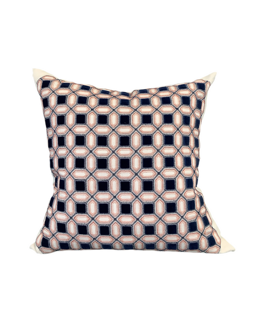 Pillow - Appliquéd Geometric Navy Mohair / Merlot Embroidery on Linen 2 available