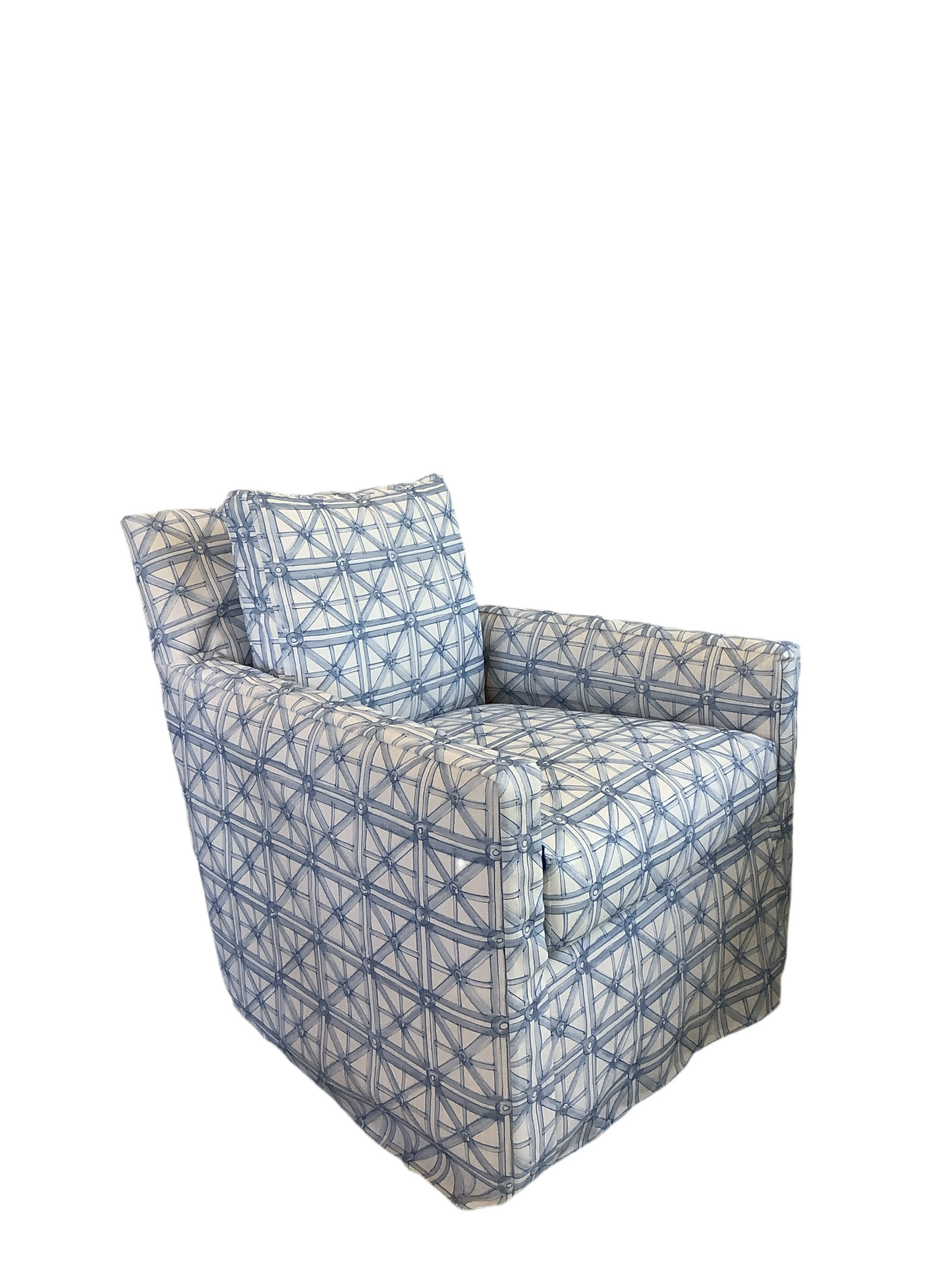 Arm Chair - Blue Trellis Slipcovered Swivel Lounge in Performance Fabric