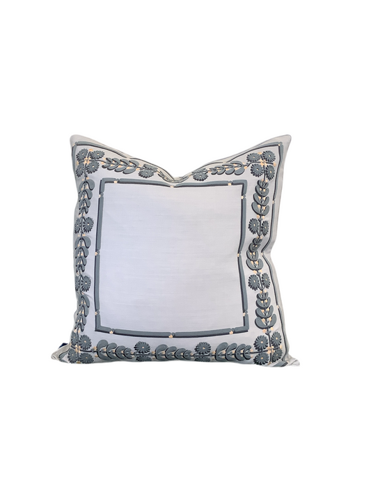 Pillow - Embroidered Floral Border in Dark Blue/White (2 available)