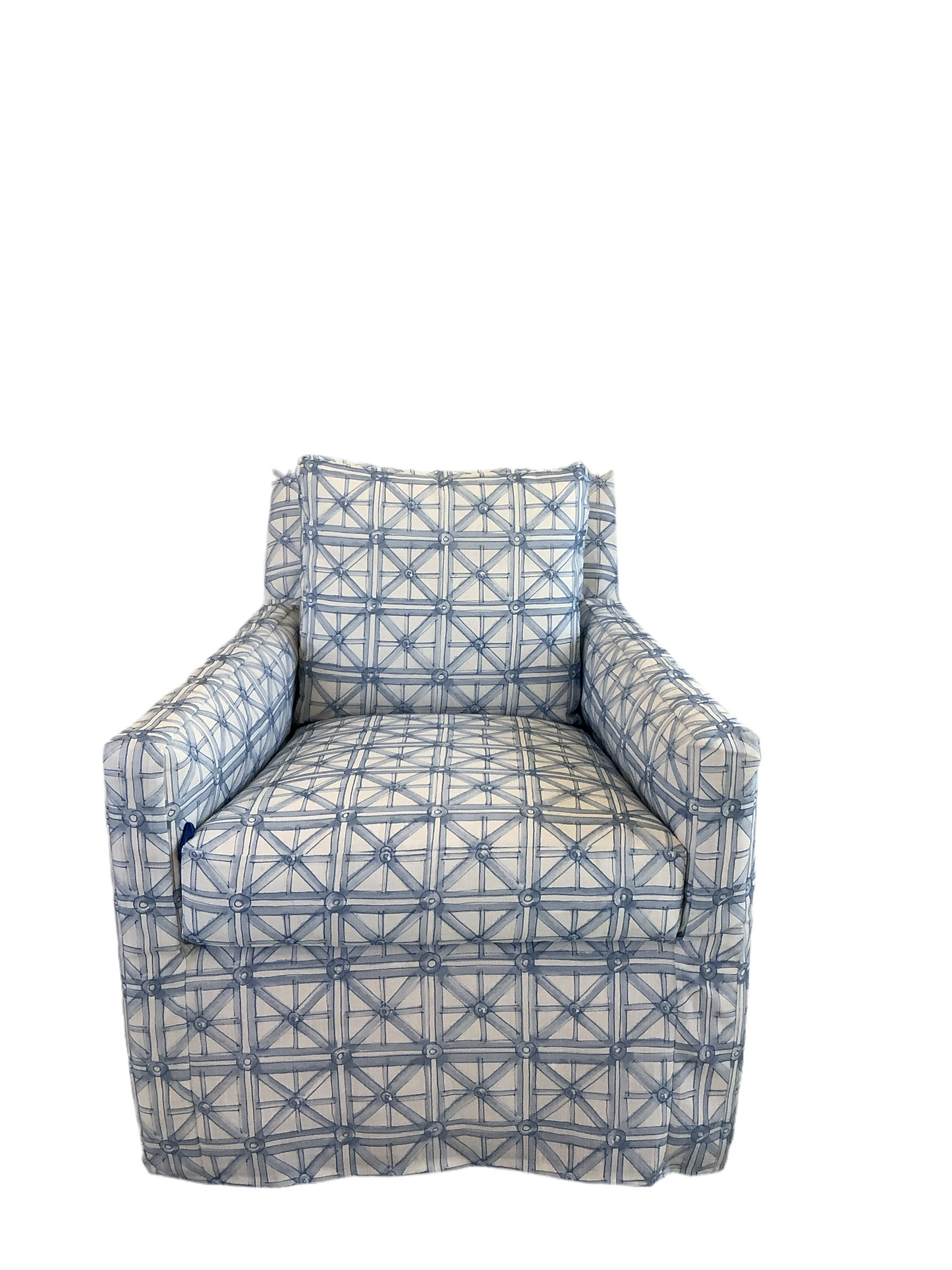 Arm Chair - Blue Trellis Slipcovered Swivel Lounge in Performance Fabric