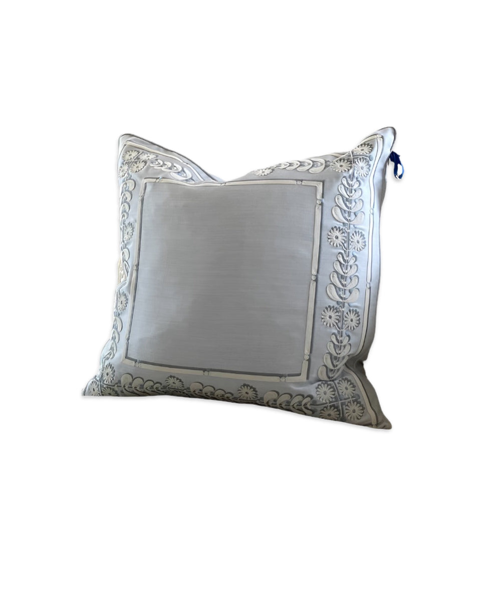 Pillow Embroidered Floral Border in Light Blue/White on Wool 2 available