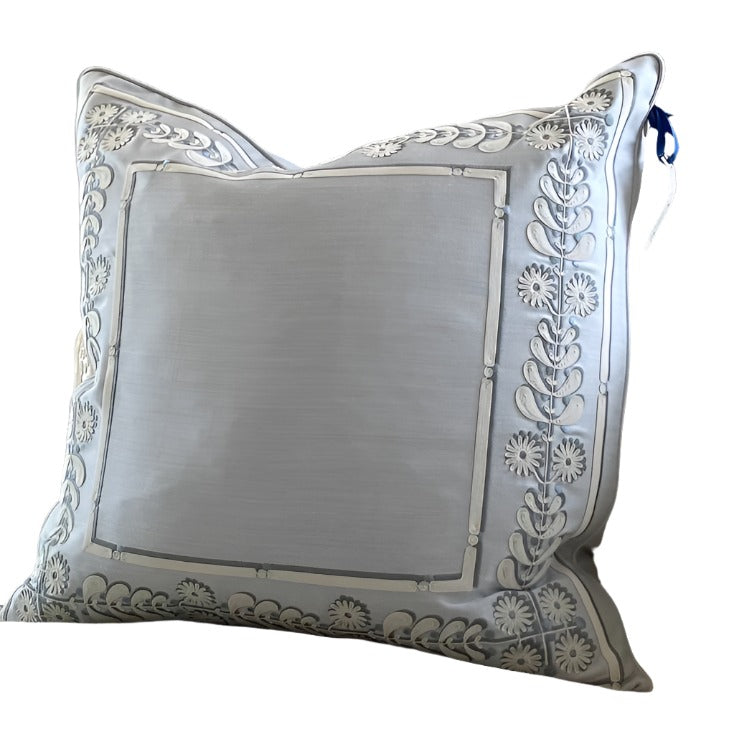 Pillow Embroidered Floral Border in Light Blue/White on Wool 2 available