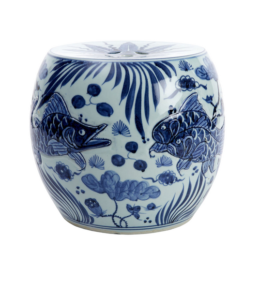 Stool - Carved Fish Drum Blue and White