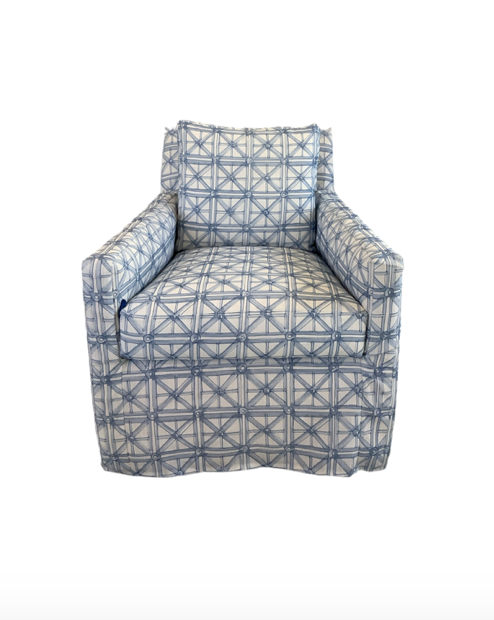 Arm Chair - Blue Trellis Slipcovered Swivel Lounge in Performance Fabric